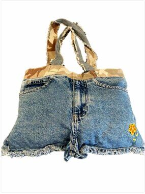 Handmade Upcycled Denim Jean/Camo Lined Shoulder Bag Tote #227N